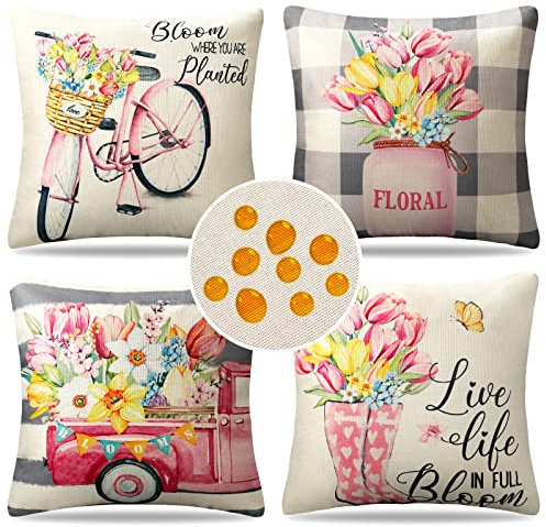 4er Set Dekorativ Kissenbezug 50 x 50 cm Outdoor Wasserdicht Sofakissen Frühling Blumen Kissenbezüge Dekokissen Leinen Kissenhülle Set Kissen Dekor für Garten Sofa Auto Wohnzimmer Bett