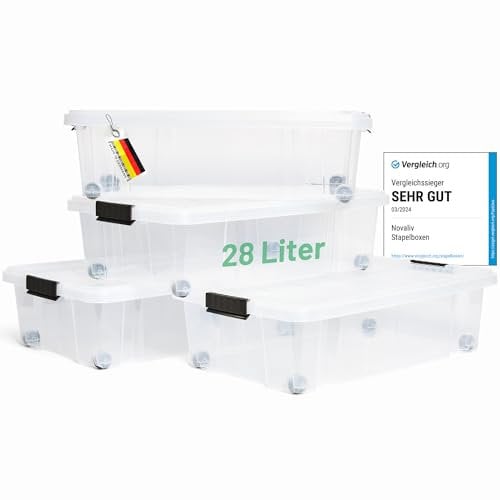 Novaliv 4x Unterbettkommode mit Rollen 28L Aufbewahrungsbox Deckel transparente Nestbar stapelbare mit Clipverschluss Rollkiste BPA-frei 61x40x17 cm