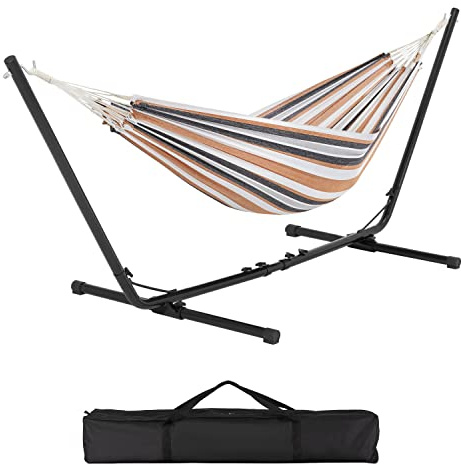 Abician Hamac Double avec Support en Métal, Hamac sur Pied Réglable, Hamac Suspendu avec Sac de Transport, Intérieur et Extérieur, Charge Max. de 200kg, Hamac à Rayures, Multicolore Rayures Désert