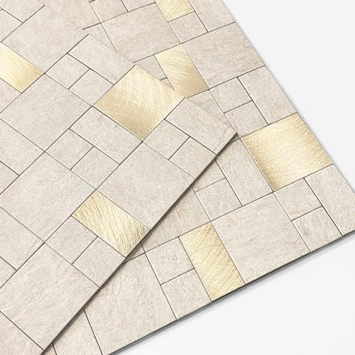 M MOFIT Marmor Mosaik Fliesenaufkleber Quadratisch,Selbstklebende Fliesen Küche Wand 3d Fliesen Bad Selbstklebend Wasserdichte(10 Matten,Beige)