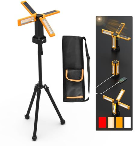 Projecteur de Chantier Solaire à LED Avec Trépied, Lampe de Chantier à Batterie Rechargeable 13200 mAh, Luminosité Maximale Jusqu'à 8000 Lumens(orange)