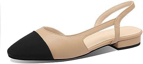MIRAAZZURRA Las mujeres Slingback Pumps cerrados punta redonda tacón bloque bicolor casual tacones grandes zapatos de oficina, beige, 41 EU