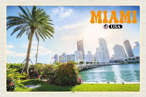 Blechschild 18x12 cm Miami USA City Stadt Meer Palme Wand Deko Bar Kneipe Sammler Geschenk