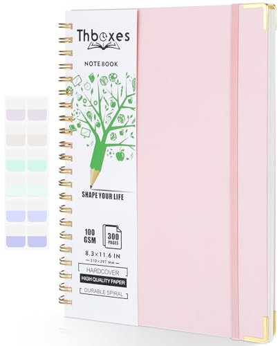 A4 Spiral Notebook, 300 Pages/150 Sheets Wirebound Spiral Notepad 100gsm Thick Paper Journal Notebook with Index sticker,Pocket,Elastic Band Notebook for Business Office School Travel 29.7x21cm Pink