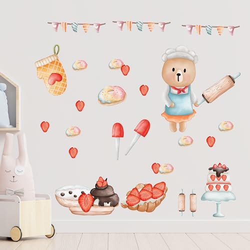 GRAZDesign Wandtattoo Kinderzimmer Kinderküche, Folie für Küche Mädchen, Backen Set mit Erdbeeren, Wanddekoration, als Set 57x57cm