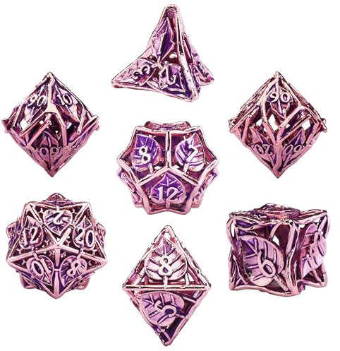 SIQUK 7 Stücke DND Würfel Set, Metall Würfel Spiel Polyedrische Würfel Hohles Spielwürfel Dungeons and Dragons Würfel für D&D MTG RPG (Violett & Gold)