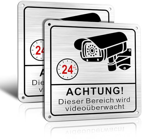 TAKULA Kamera Überwachung Schild-Dieser Bereich wird Videoüberwacht Schild,15 * 15CM Aufkleber Videoüberwachung,Gebürstetes Aluminium mit Selbstklebenden und 4 Gebohrten Löchern(Pack of 2)