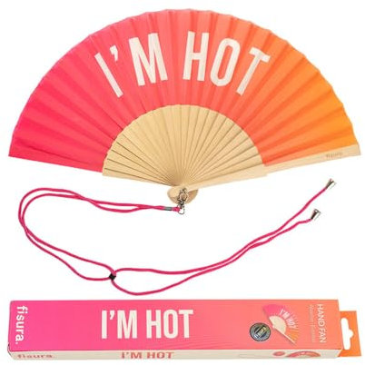 Fisura – Ventaglio originale con messaggio I'm hot. Ventaglio in legno moderno e divertente. Ventaglio rosa sfumato. Ventaglio con cordino porta ventaglio. Dimensioni: 42,5 x 23 cm.