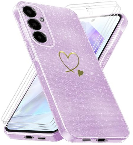 crisant Cover Per Samsung Galaxy A55 5G, Custodia Glitter Trasparente Morbido TPU Protettiva Custodia con 3 Pezzi Vetro Temperato Pellicola Protettiva Per Samsung Galaxy A55 5G