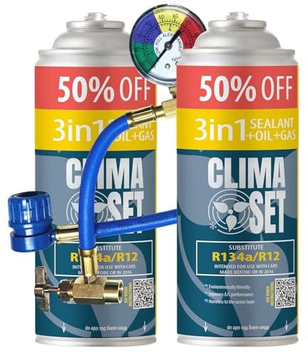 ClimaSet 3in1 R134a Kältemittel Ersatzgas - Kühlmittel Klima Auto mit Klima Dichtmittel und Öl - Gasflasche 2x235 g Auto Klimaanlage Nachfüllset - Klimaanlage Wohnmobil Klimaanlage Schlauch
