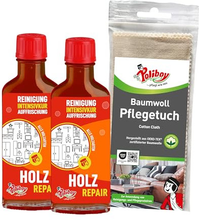 POLIBOY Holz Repair - Mittelbraune Möbelpolitur für lackiertes Holz - Farbauffrischendes Poliermittel - 2x 100 ml - Mit Baumwolltuch - Made in Germany