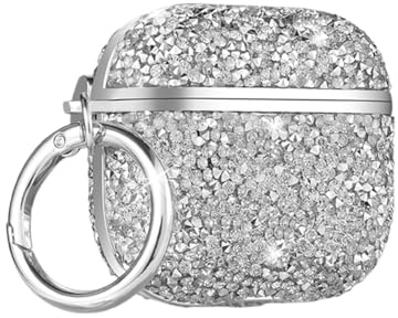 GULVQYF Blingbling, custodia protettiva per auricolari per AirPods 4, antiurto, protezione completa, con gancio, guscio rigido per donne femminili (argento)