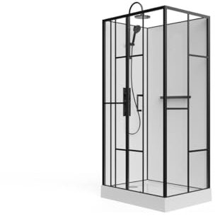 Vente-unique - Cabine de douche rectangulaire sérigraphiée - Installation réversible - Blanc et Noir mat - L110 x l80 x H225 cm - GAVILA
