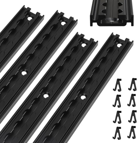 Fiqops Rails d'avion, 8 x 1 m, en aluminium, avec 16 crochets doubles, percés, rails d'arrimage anodisés noirs, pour camionnettes, caravanes, camions