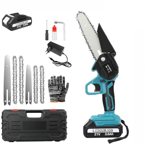 Huzoomtoyz Mini Kettensäge 4 + 6 Zoll, Akku Kettensäge mit Ersatzkette und 1 Akku, Handkettensäge Akku für Gartenarbeit Baumschnitt und Holzschneiden