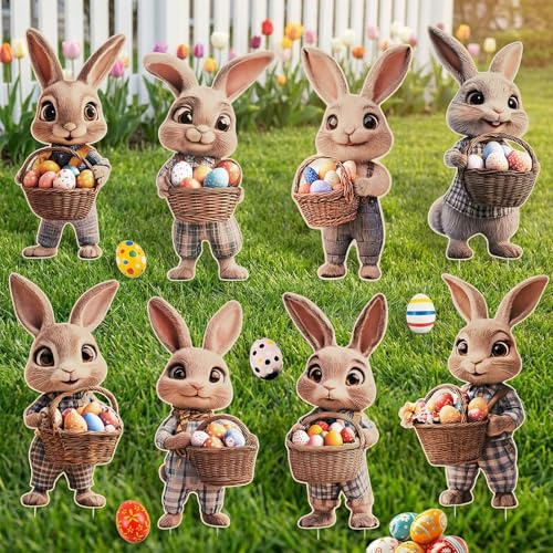 8PCS Easter Yard Signs, Easter Bunny Garden Decorations Outdoor Sign with 16 Stakes, Rabbit Lawn Sign for Easter Yard Garden Party Supplies Spring Outdoor Props Decor