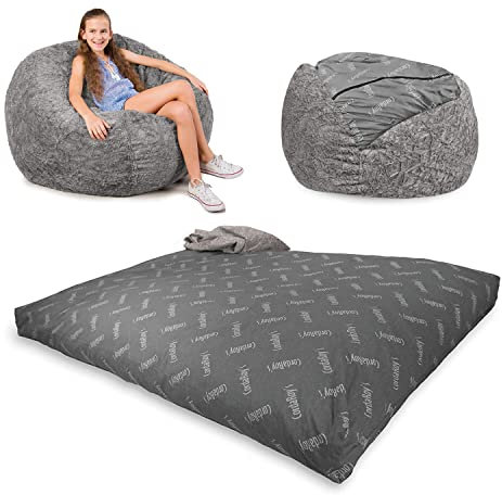 CordaRoy's Sitzsack aus Kunstfell, wandelbarer Sitzsack, maschinenwaschbar, Bezug aus Kunstfell, für Keller, Wohnzimmer, Spielzimmer, Schlafsaal und mehr, volle Größe, Grau, hergestellt in den USA