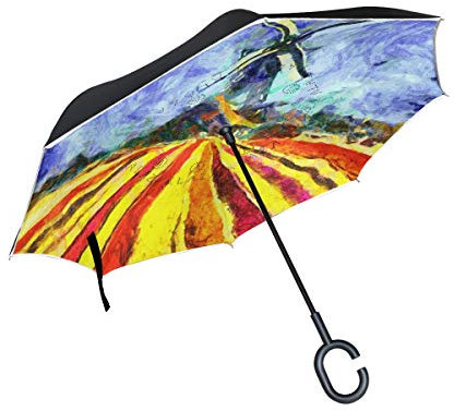 Van Gogh Regenschirm, umgekehrt, doppelschichtig, winddicht, selbststehend, UV-Schutz, nicht automatisch, groß, gerade, auf dem Kopf, C-förmiger Griff für Auto