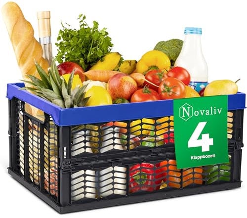 Novaliv Klappboxen faltbar stabil 4x 30L Blau Schwarz baskets Einkaufskiste Klappkisten Set Tragebox Aufbewahrung Einkaufskörbe Körbe Aufbewahrung Küche