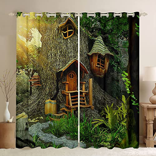 Woodland Window Curtains for Bedroom Living Room Tree House Decor Curtains for Kids Boys Girls Fantasy Cartoon Illustration Art Window Drapes Fairy Tale Theme Window Treatments,W46*L54
