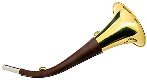 Januel - Pack Corne Chasse en Battue - Longueur 40cm et 12cm - Gainée Cuir Synthétique - Anneaux de Transport - Décor Sanglier - Laiton Doré - Avec Bretelle - Pipet Remplaçable