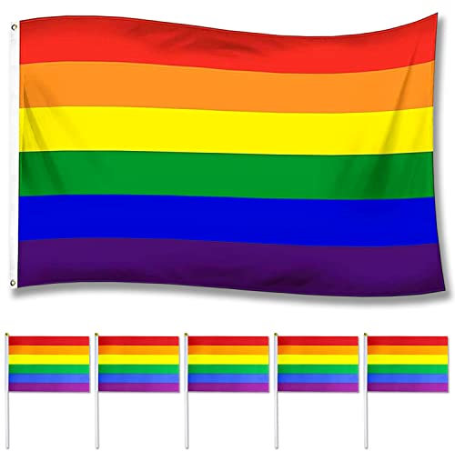 Lgbtq Flagge Regenbogen Flagge Gay Pride Flagge 150 x 90 cm Pride Flagge mit Dicke Messingösenhe und 5 PCS HandHeld Mini Flagge Regenbogenfahne Wetterfeste für LGBTQ Feste und Feiern
