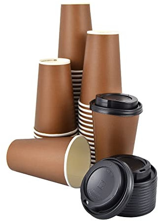 Lot de 50 Gobelets Jetables Verres Marron en Papier de 16 oz (470 ml) + 50 Couvercles Noirs avec Bec Idéal pour Emporter Cappuccinos, Café Américain et Chocolat Chaud