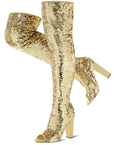 KHPAERMEI Glitzernde Oberschenkelhohe Stiefel für Damen, sexy Pailletten, Overknee-Stiefel, Party, Abschlussball, offener Zehenbereich, klobige High Heels, Gold, 39 EU