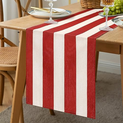 Cheekywares Weihnachtlich Tischläufer Rot Gestreift Tischläufer Leinen Tischläufer Modern Kaffee Küche Esstisch Dekor für Party Hochzeit Bankett Buffet 40 x 140 cm Tischläufer Herbst Winter
