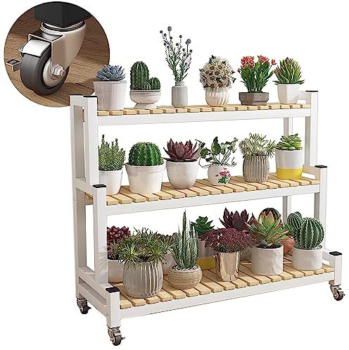 LIGUOYI Pflanzentreppe Blumentreppe Aus Metall Mit Rollen, 2, 3 Ebenen Blumentopf Ständer Platzsparend Blumenregal Pflanzenregal Für Indoor Outdoor Garten Balkon, Organizer Regal Schuhregal