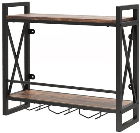 GiantexUK Wall Mounted Wine Rack, 2/3-Tier Metal Frame Wine Storage Shelf Rack with Glass Holders, Floating Champagne Bottle Display Holder for Kitchen Dining Living Room Bar (2-Tier, 60 x 20 x 55cm)