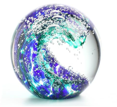 QFkris 7,6 cm großer, mundgeblasener Glas-Ozeanwellen, Kugelfigur, Glaskunst, Blasen-Wellen, Ozean-Themenkugel, Briefbeschwerer für Zuhause, dekorative Sammlerstücke, Aquarium-Dekoration