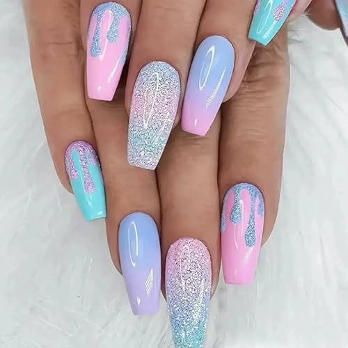 24pcs Long Coffin False Nails Macaroons Ombre Press on Nails Glitter Sequins Press on Nails Removable Glue-on Nails Full Cover Fake Nails Women Brides Nail Art Accessories