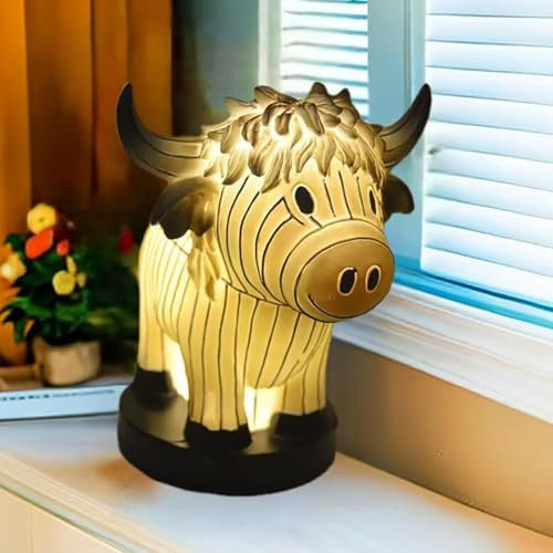 Kuh Lampe - 3D Tier Tischlampe, Niedliche Highland Cow Nachttischlampe mit USB Anschlüssen für Wohnzimmer, Schlafzimmer, Home Office (Gelbe Kuh)