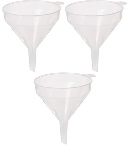 3Pcs Clear Plastic Funnel for Filling Bottles or Containers 18cm, 14cm, 8cm for Kitchen - Handle & Slimline Neck for Transfer powder Liquid and Oils ideal for Garage & Labs