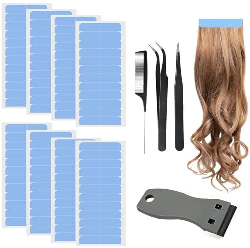 Landrain 96 Stück Tape Extensions Kleber, Tapes Klebestreifen Extensions Inklusive Haarbürste Pinzette und Schaber