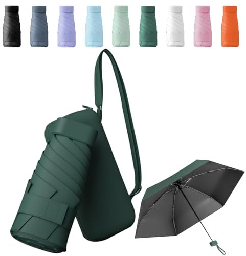 Sykerout Mini Regenschirm - Kompakter Taschenschirm, Faltbarer Reise-UV-Schirm Mit Kartenhalter und Seil (Dunkelgrün)