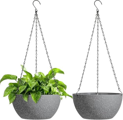 T4U Set di 2 vasi da fiori sospesi in plastica, diametro 25 cm, per piante, colore grigio, per interni con gancio, rotondi, per interni ed esterni, per ufficio