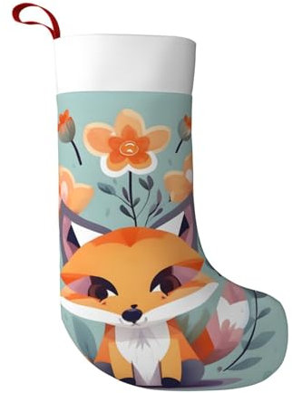 EdWal Niedlicher Fuchs-Blumendruck, Weihnachtsdekoration, Weihnachtsmann-Weihnachtsstrümpfe für Kamin (Plüschmanschette)