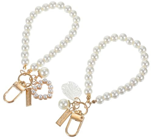 Bremorou 2 Stück Kurze Handykette Perlen Schlüsselanhänger Gold Schlüsselband Autoschlüsselanhänger Phone Charms Pearl Keychain, Kurz Süße Handy Anhänger, Herz Handyanhänger Charm, Für Autoschlüssel