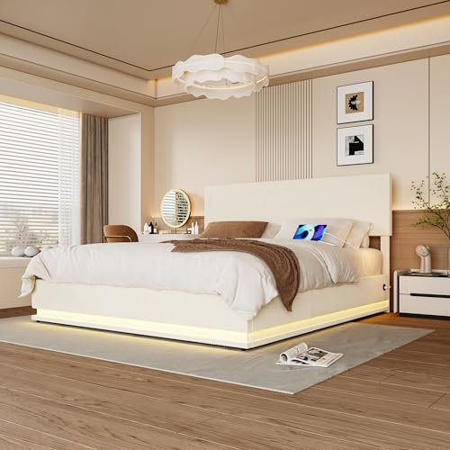 OKimmy 160x200cm Bettrahmen, Doppelbett mit Stauraum und flachem Nudelrahmen, LED & USB-Ladefunktion, Bettgestellt mit höhenverstellbare Samt Kopfteil, Polsterbett ohne Matratze Beige