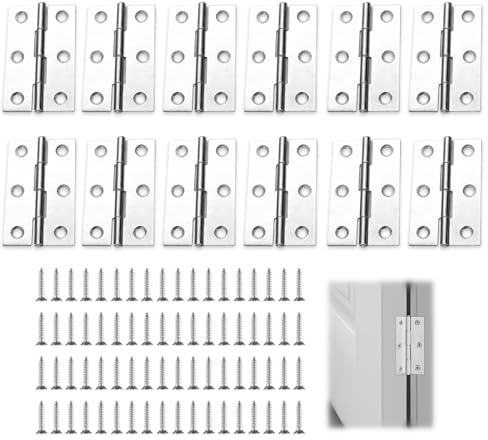 12 bisagras plegables 70 × 50 mm – Bisagra de acero inoxidable con 72 tornillos, bisagras de puerta para puertas de madera, bisagras plegables plateadas de acero inoxidable, puertas de cocina de