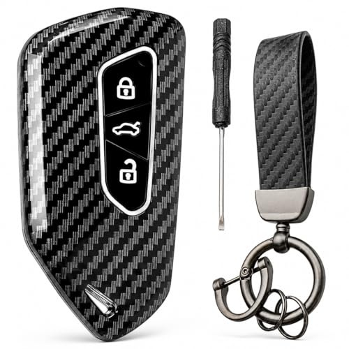 Autoschlüssel Hülle kompatibel mit VW Golf 8 ID.3 ID.4 Cupra Formentor Born Leon Skoda Octavia, 3-Tasten Schlüsselhülle Carbon Design mit Schlüsselanhänger, Key Case Schutz vor Kratzern （Grau Schwarz
