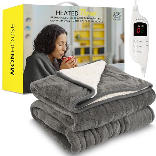 MONHOUSE Heated Throw - Electric Blanket - Digital Controller - Timer up to 9 hours, 9 Heat Settings, Auto Shutoff - Machine Washable - Double 150X200cm - GREY SHEARLING