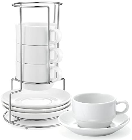 Yedio Lot de 4 tasses à expresso en porcelaine avec soucoupes et support en métal Blanc 227 ml