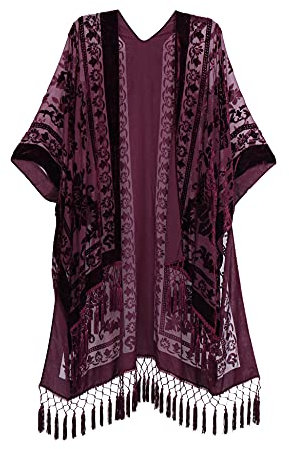 MJ SERECA Women's Burnout Velvet Kimono Long Cardigan Cover Up with Tassel (Burgundy)
