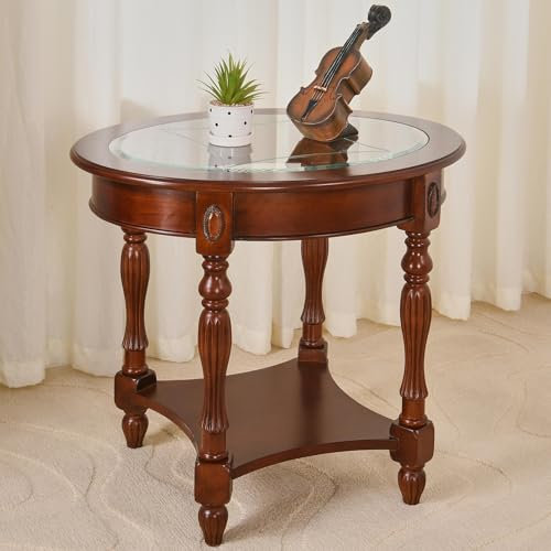LEEMTORIG Mesas auxiliares de madera maciza para sala de estar, mesas auxiliares redondas ovaladas con parte superior de cristal y estante de almacenamiento, mesa de noche tradicional con patas