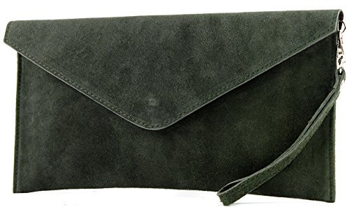 modamoda de T106 Damen Wildleder Rauleder Clutch Umhängetasche Abendtasche handmade in Italy, Farbe:Schwarzoliv