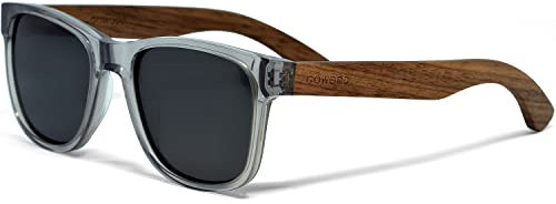 Sonnenbrille Damen & Herren Holz | Premium Walnussholzbügel Transparenter Acetatrahmen | Holzbrille UV400 Polarisiert Gläser | Damen & Herren Sonnenbrille UV Schutz | (schwarz)