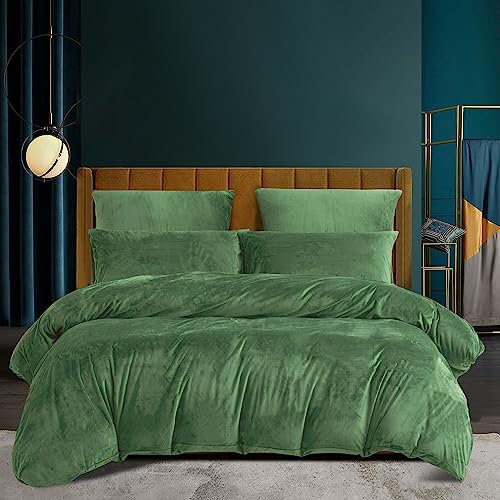 Luofanfei Winter Warme Bettwäsche 135 x 200 4teilig Grün Salbeigrün Samt Thermo Fleece Nicky Kuschelig Flauschige Wende Bettwäsche Set 135x200 cm Flausch Cashmere Touch Weich Teddy Plüsch 4 TLG